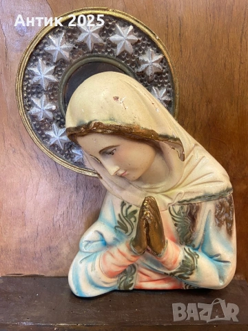 Винтидж стенна религиозна композиция „Мадона в молитва“, дърво, гипс, снимка 4 - Антикварни и старинни предмети - 53230803