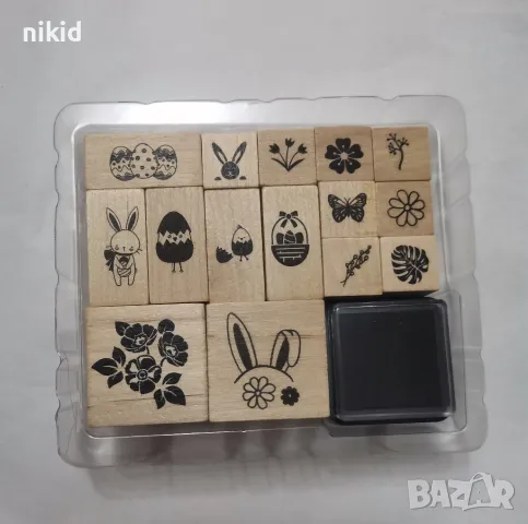 16 бр Великденски гумирани дървени печати печата с мастило за бисквитки картички  украса, снимка 3 - Други - 49970777