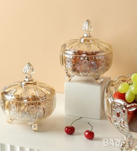 Стилна стъклена купичка с капаче за ядки, бонбони и др., снимка 2 - Други - 46433572