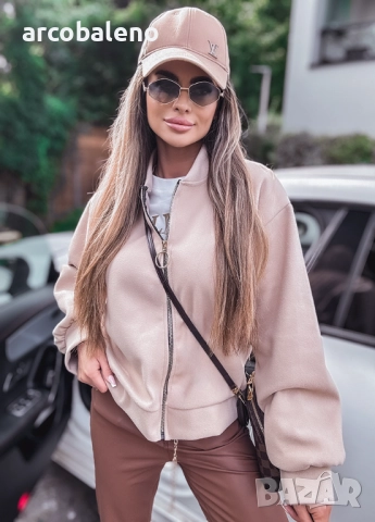 Дамско бежово поларно бомбър яке с цип, снимка 6 - Якета - 51525510