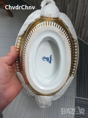 Dresden фруктиера 31см-2кг/Дрезден стара немска порцеланова купа с дръжки-лебеди, снимка 9 - Вази - 53506505