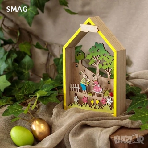 Великденска дървена настолна декорация – къщичка със зайчета, 14x4x22см_1189276