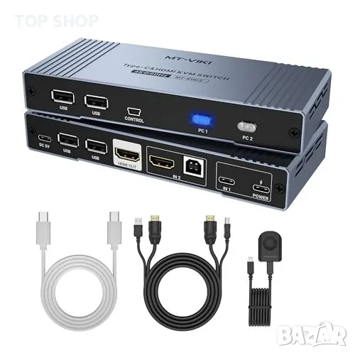 Нов Превключвател 2 Порта USB C/HDMI + Кабели MT-VIKI 4K KVM, снимка 1