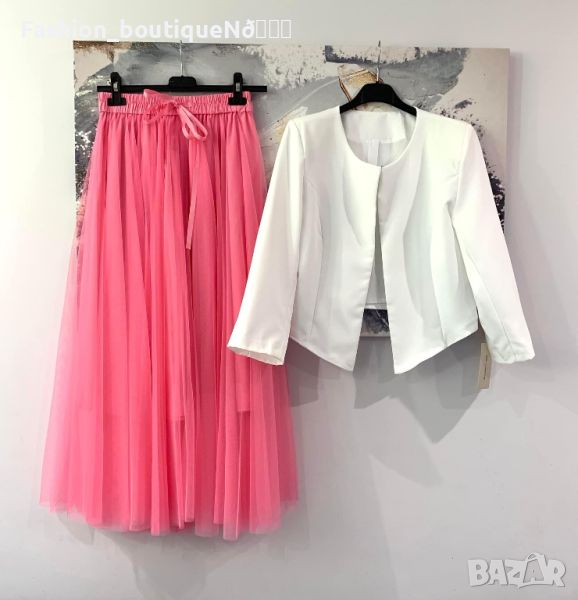 Дълга тюлена пола и късо бяло сако   🌸Дълга тюлена пола в нежно розово  , снимка 1
