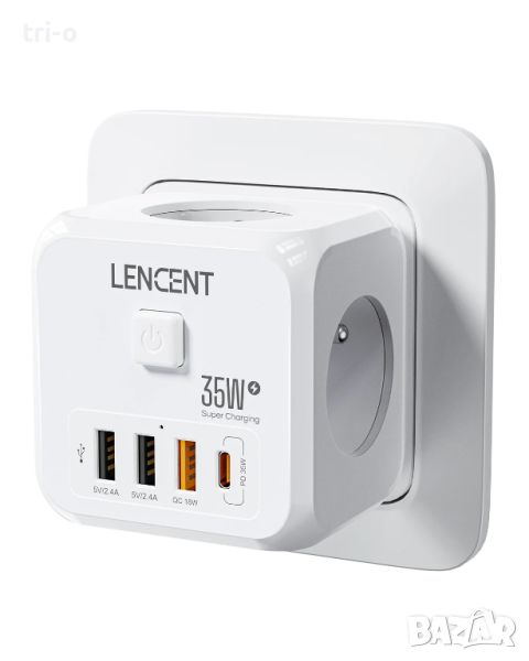 LENCENT Разклонител 7-в-1 3хAC, 3 USB порта QC 18W +1 Type C PD 35W бързо зареждане и пауър бутон, снимка 1