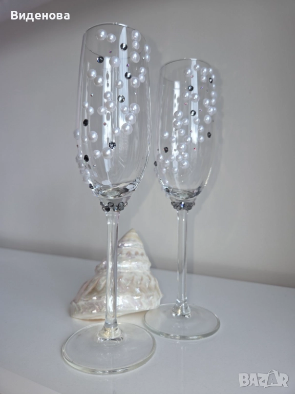 Продавам ръчно изработени сватбени чаши с перли и кристали Swarovski, снимка 1