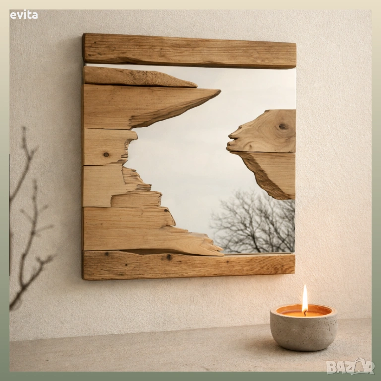 🌿 Дървена декорация с огледало – Ръчна изработка, стилен акцент, снимка 1