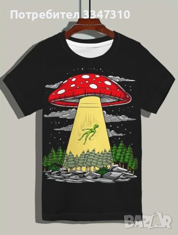 Черна Лятна Мъжка Тениска Къс Ръкав с Арт Принт UFO Летяща Гъбена Чиния , снимка 3 - Тениски - 46407584
