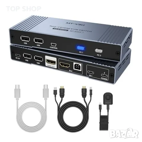 Нов Превключвател 2 Порта USB C/HDMI + Кабели MT-VIKI 4K KVM, снимка 1 - Друга електроника - 49339266