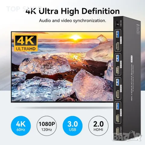 PVBCTCSID KVM HDMI суич 1 монитор - 4 компютъра 4K@60HZ, дистанционно, 4 USB порта, снимка 3 - Друга електроника - 49457575