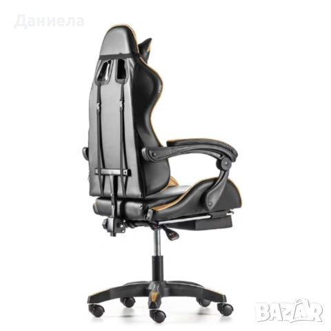 Черен геймърски стол с златисти акценти и разтегляема поставка за крака, снимка 5 - Столове - 53237830