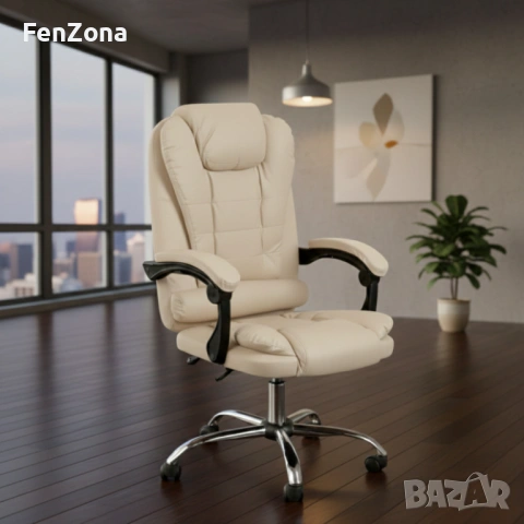 Ергономичен офис стол с лумбална опора от еко кожа в бежов цвят – комфорт за дълги часове без болки, снимка 5 - Столове - 54096636