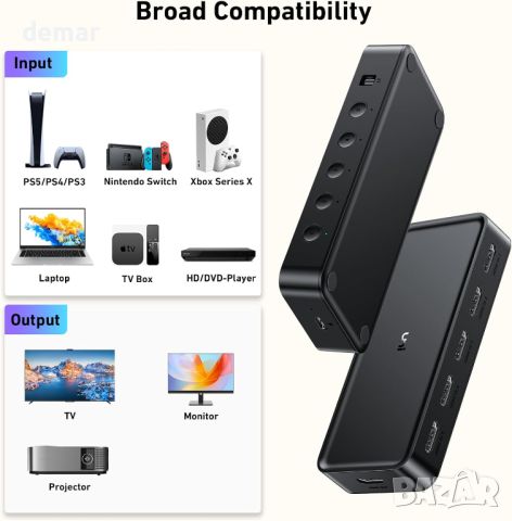 uni HDMI превключвател 5 входа - 1 изход 4K@60Hz, HDMI превключвател с дистанционно, снимка 7 - Друга електроника - 46561211