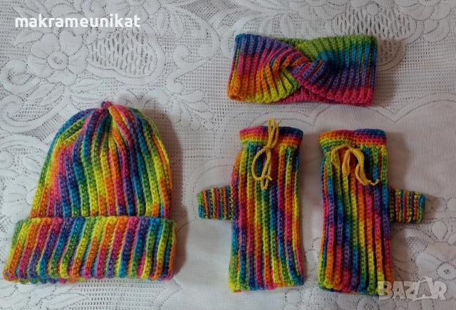 Комплект, лот шапка, ръкавици без пръсти, и лента за глава, нов, ръчно плетиво , снимка 8 - Шапки - 52865882