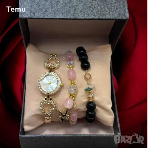 Подаръчен дамски комплект от часовник с камъни цирконии и два броя гривни от естествени камъни в роз, снимка 1 - Бижутерийни комплекти - 45646272