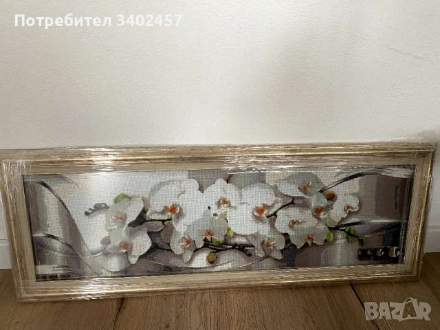 Гоблен с мъниста в рамка, 93 х 33 см, орхидеи, снимка 3 - Гоблени - 53223284