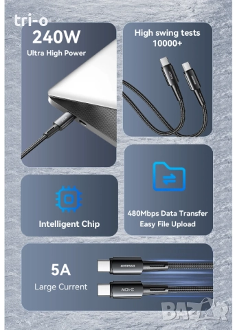 Essager 240W USB Type-C към C кабел PD бързо зареждане 6A бързо зарядно устройство USB C кабел, снимка 7 - Кабели и адаптери - 52499797