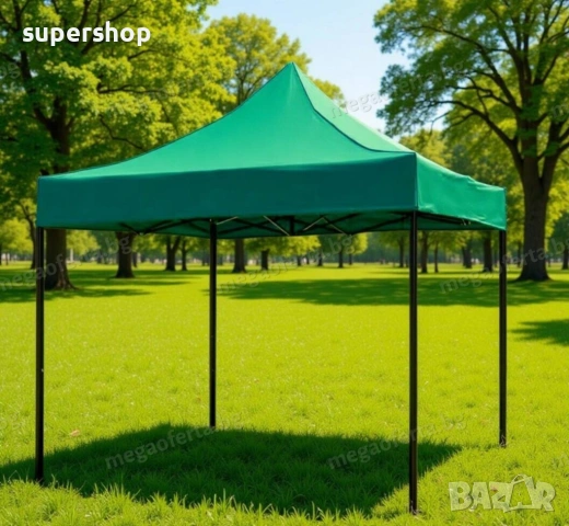 Сгъваема Шатра 3х3 с Усилена Конструкция и Зелено Гумирано Покривало, снимка 8 - Градински мебели, декорация  - 54014262