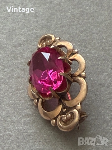 Антикварна съветска сребърна позлатена брошка с рубин , снимка 6 - Антикварни и старинни предмети - 54223416