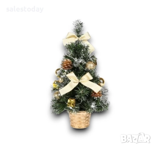 Елха с жълти топки и шишарки, Декоративна светеща елхичка с 20 LED лапички, 50см