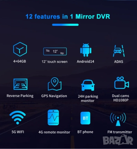 12-инчово смарт огледало с Android 14.0, 4G/LTE и WiFi свързаност, снимка 18 - Аксесоари и консумативи - 52430326