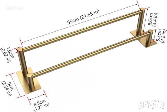 Закачалка за хавлии, стенна, самозалепваща се, от неръждаема стомана за баня, кухня (55 см, злато), снимка 3 - Закачалки - 45303276