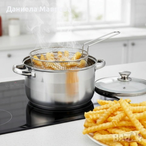 Тенджера с кошница за пържене и стъклен капак Cheffinger Ø24 см – инокс, 6,5 л, за всички котлони, снимка 3 - Съдове за готвене - 53391232