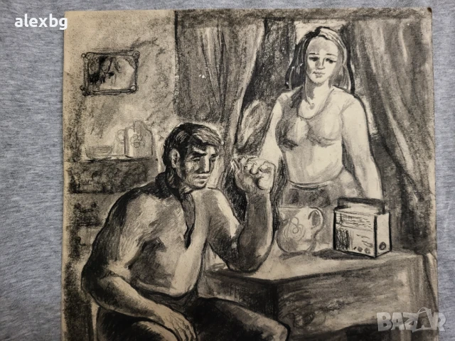 Вера Лукова картина рисувана с въглен размер 35х24.5см, снимка 6 - Картини - 50596464