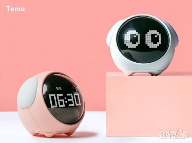Емоджи часовник-аларма с голям цифров дисплей / Цвят - Розов, Бял; Размер - 110 мм Х 105 мм Х 93 мм;, снимка 1 - Други стоки за дома - 45798121