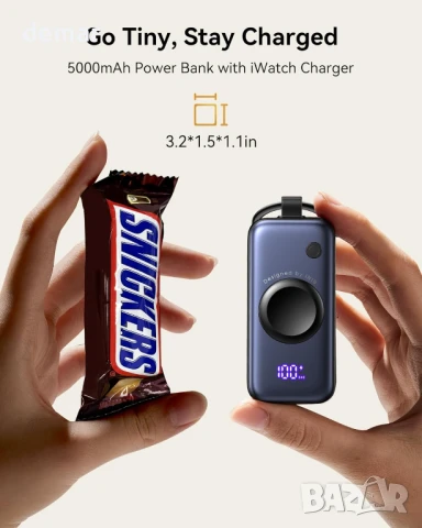 INIU Power Bank за Apple Watch, 5000mAh безжична с вграден кабел и LCD дисплей, лилава, снимка 2 - Външни батерии - 50595051