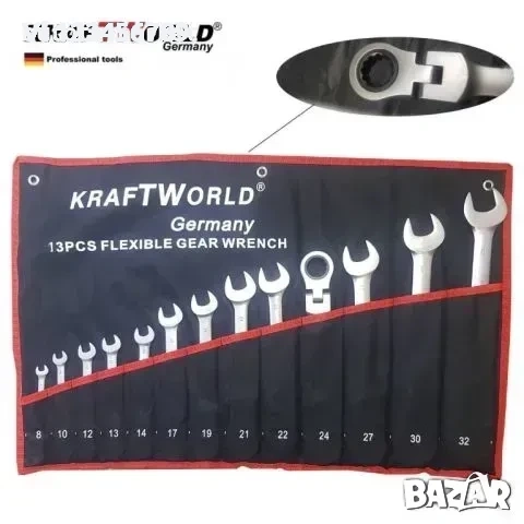 звездогаечни тресчотни ключове с чупещо рамо от 8мм до 32мм 13 части KRAFTWELLE, снимка 3 - Ключове - 53988784