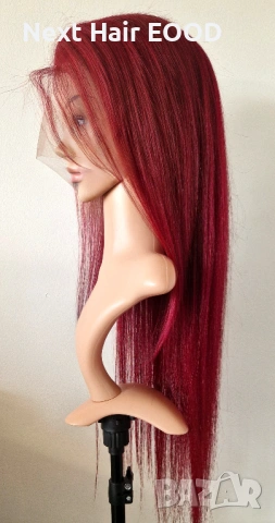 Естествена дантелена перука 80 см - 200% плътност, 13x6 Lace, бургунди тъмно червена права коса, снимка 5 - Аксесоари за коса - 53294690
