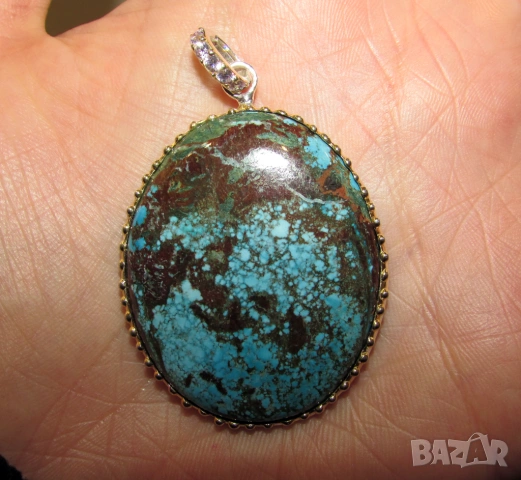925 сребърно колие с голям тюркоаз 60 карата, снимка 4 - Колиета, медальони, синджири - 54053129