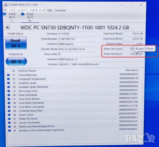  1 TB 1024GB SSD NVMe Western Digital SN730 PCIe Gen3 x4 M2 2280 диск лаптоп настолен компютър, снимка 3 - Твърди дискове - 46407929