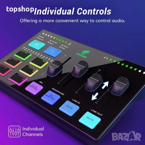 Нов, тестван TONOR RGB аудио миксер с Pro предусилвател, 6.5 мм и XLR канал, поддръжка за инструмент, снимка 7 - Ресийвъри, усилватели, смесителни пултове - 51588997