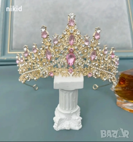 Сребриста златиста розови камъни островърха метална корона диадема тиара с камъни детска дамска , снимка 6 - Аксесоари за коса - 49741835