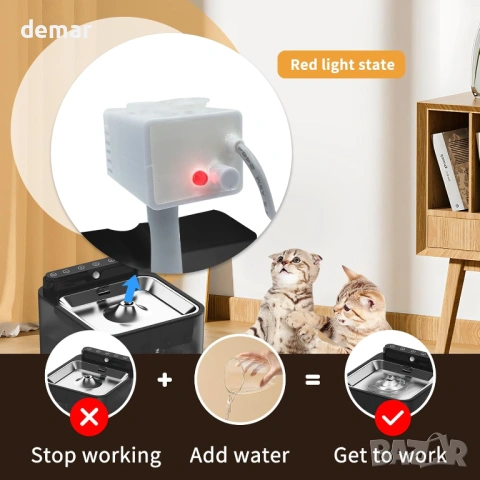 Фонтан от неръждаема стомана за котки - 3,2 л, безжичен, 3 режима на работа, снимка 4 - За котки - 53835515