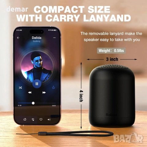 Преносим Bluetooth високоговорител Bobtot безжичен, водоустойчив, вграден микрофон, черен, снимка 7 - Bluetooth тонколони - 53778797