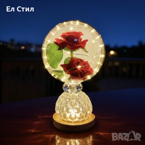 Лампа с вечни рози и топла LED светлина – подарък, който не увяхва, снимка 2 - Настолни лампи - 53586602