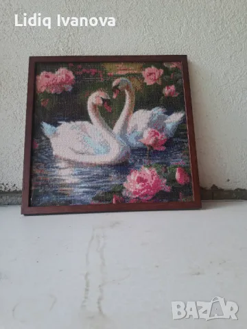 Диаманген гоблен лебеди-готов и рамкиран, снимка 3 - Гоблени - 50273768