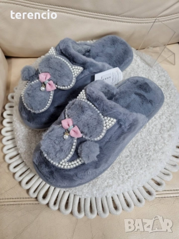 Нови дамски пантофи коте - сиви, снимка 3 - Пантофи - 52826864