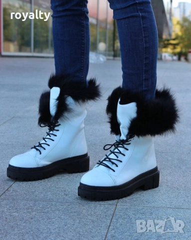 Равни боти - бяла кожа с черен ЕСТЕСТВЕН пух, снимка 6 - Дамски боти - 52162668