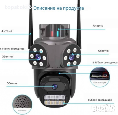 Тип продукт: Външна PTZ WiFi камера; Резолюция: 9MP (3MP + 3MP + 3MP); Обективи: 2 фиксирани + 1 под, снимка 10 - Комплекти за видеонаблюдение - 52430308