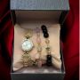Подаръчен дамски комплект от часовник с камъни цирконии и два броя гривни от естествени камъни в роз