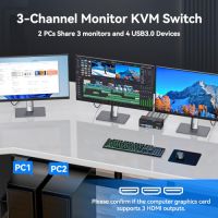 Нов KVM Switch 4K 60Hz 3 HDMI монитора 2 компютъра USB 3.0 - 5Gbps, снимка 3 - Друга електроника - 45511273