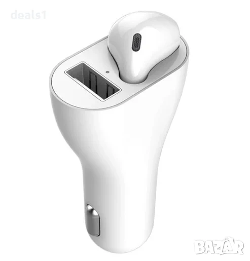 2в1 Безжична Bluetooth Слушалка + Зарядно за кола Хендсфри обаждания и USB порт за бързо зареждане, снимка 1