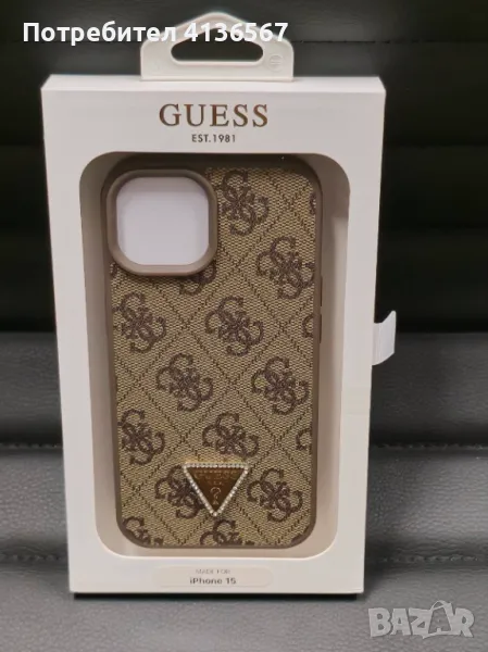 Защитен калъф Guess с метално лого PU,  за iPhone 15, кафяв, снимка 1