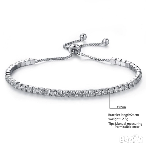 Стилна Гривна с Цирконий - Сребърно Покритие, Регулируема Дължина, Посребрена S925!, снимка 1