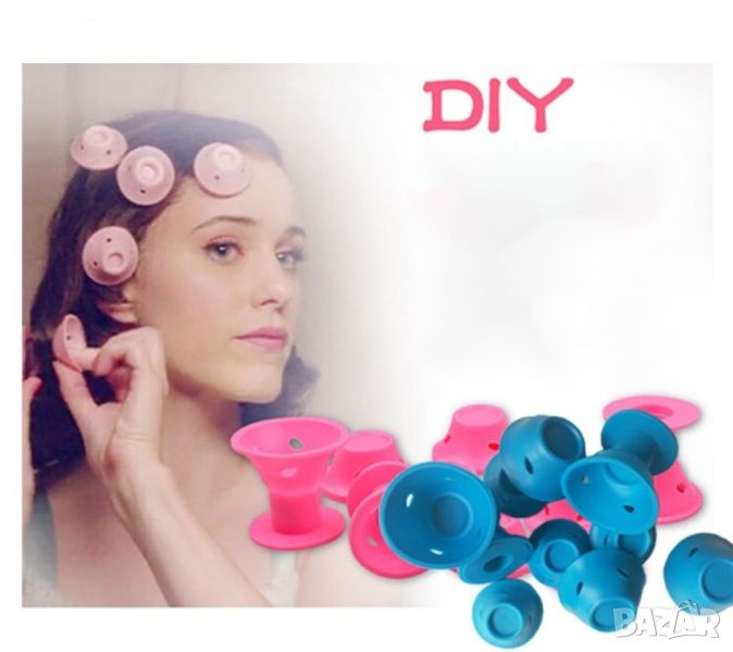 Комплект от 10 броя силиконови ролки за коса в розов или син цвят, снимка 1