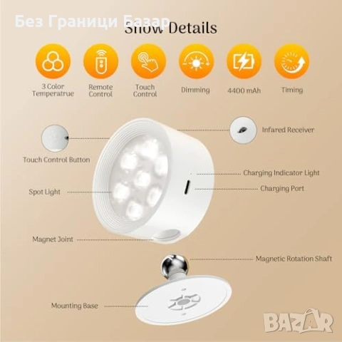 Нови Стенни лампи без окабеляване 2 броя с дистанционно аплик 3 цвята димиране и таймер, снимка 9 - Лампи за стена - 54238771